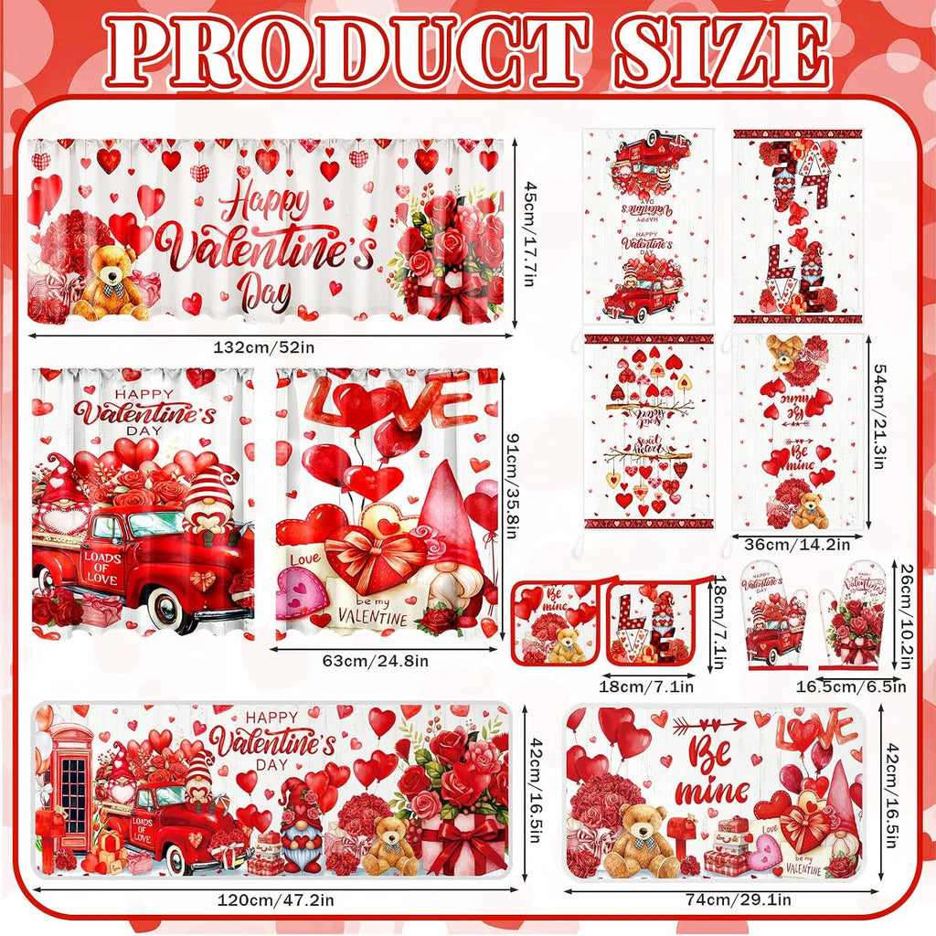 Valentine's Day Kitchen Sets with Kitchen Towels Non Slip Mats Curtains Valance Pot Holders Oven Mitts Red - Set of 13