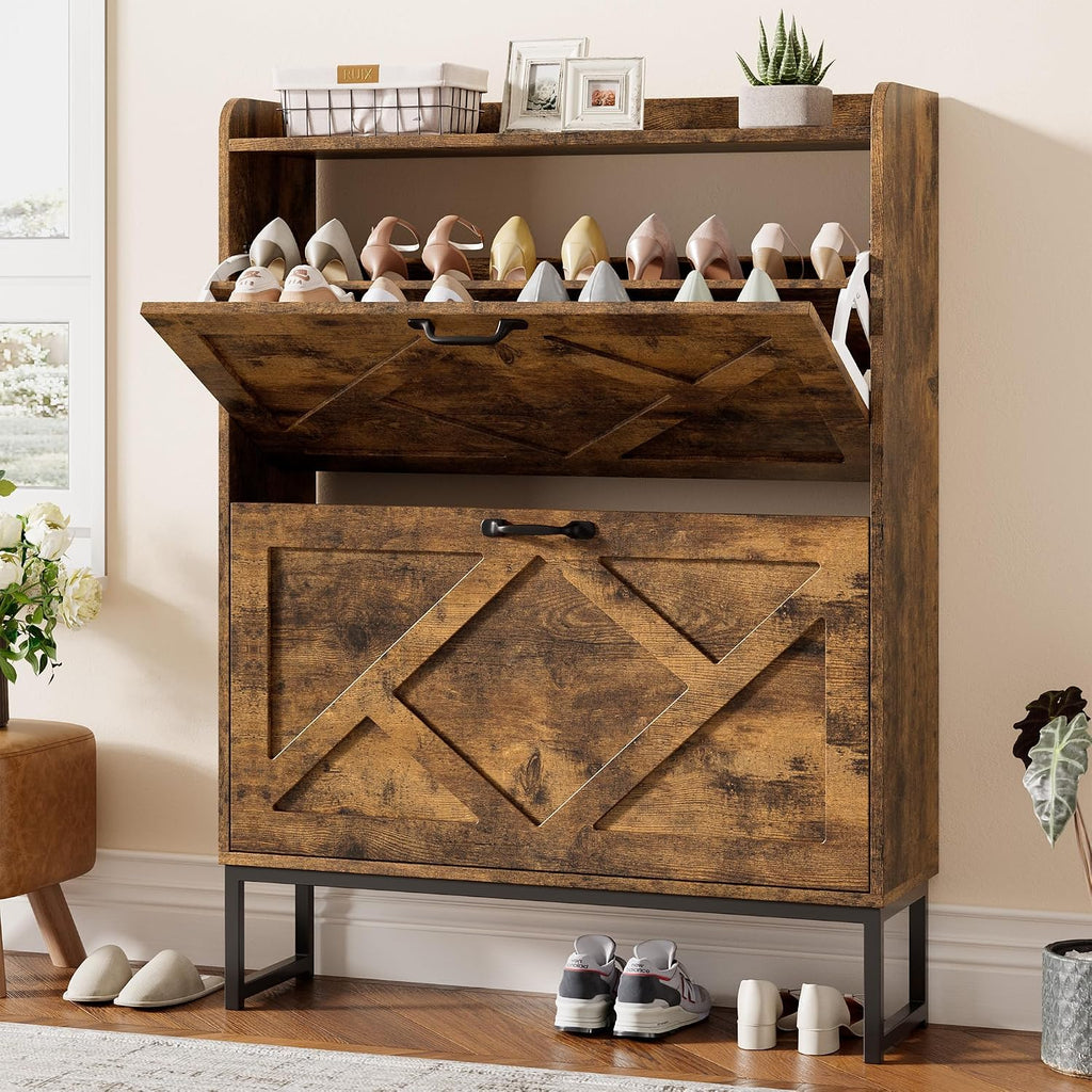 Shoe Cabinet Organizer with 2 Flip Drawers, Freestanding Narrow Rack with Metal Legs, Farmhouse Slim Shoe Storage