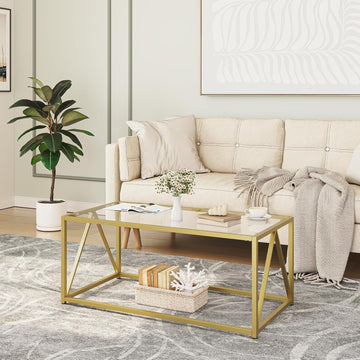 Glass Coffee Table, Gold Coffee Tables, Gold Glass Coffee Table,1 Layer Center Table, Modern, 39.4 x 19.7 x ...
