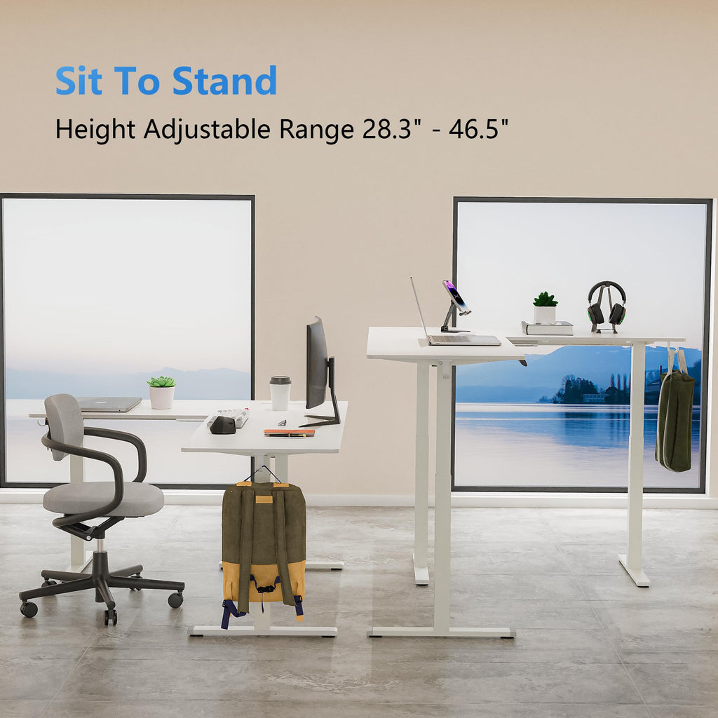 63 x 55 Inch L-Shaped Standing Desk, Electric Corner Workstation White