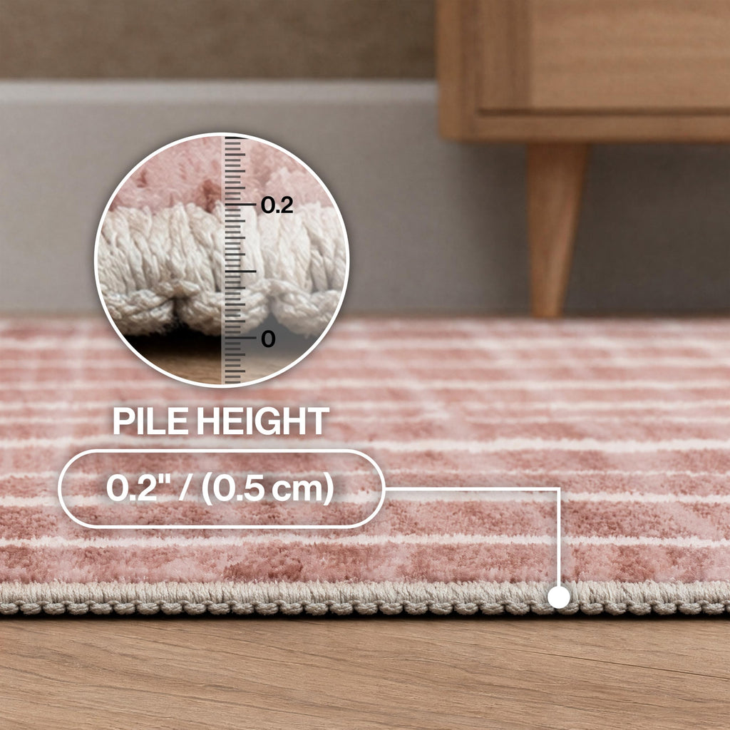 Washable Orton Distressed Ticking Stripe Machine-Washable Polyester Area Rug, Rose Clay and Cream, Farmhouse