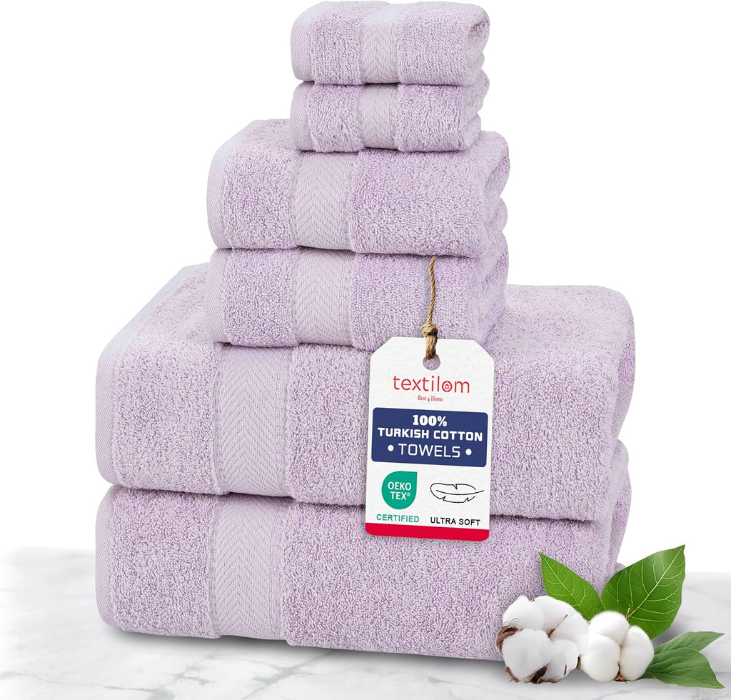 100% Turkish Cotton 6 Pcs Bath Towel Set, Luxury Soft & Absorbent Bathroom Towels Set (2 Bath Towels, 2 Hand Towels