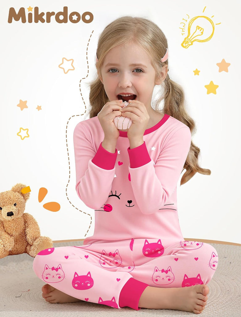 Girls Cotton Pajamas Snug Fit Piece Long Sleeve Sleepwear Set