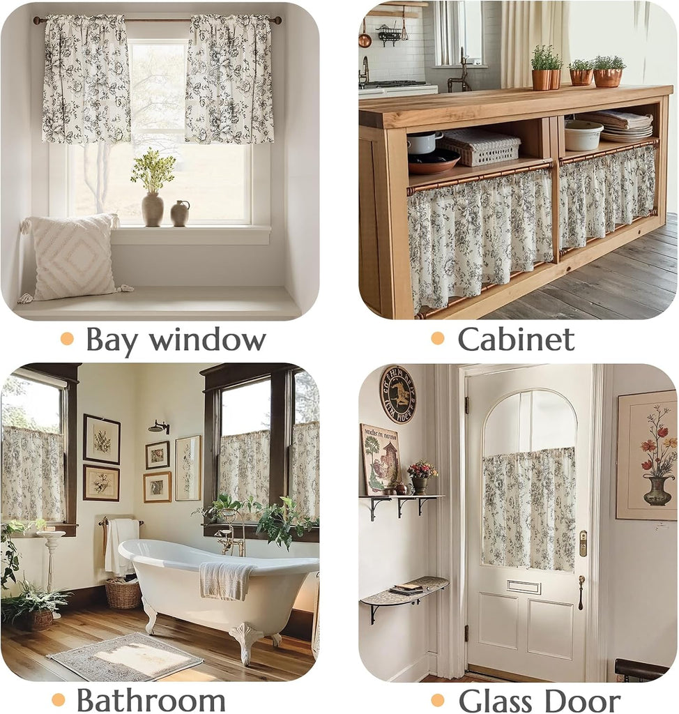 Linen Cafe Curtains 36 in Black Floral Farmhouse Tier 2 Panels