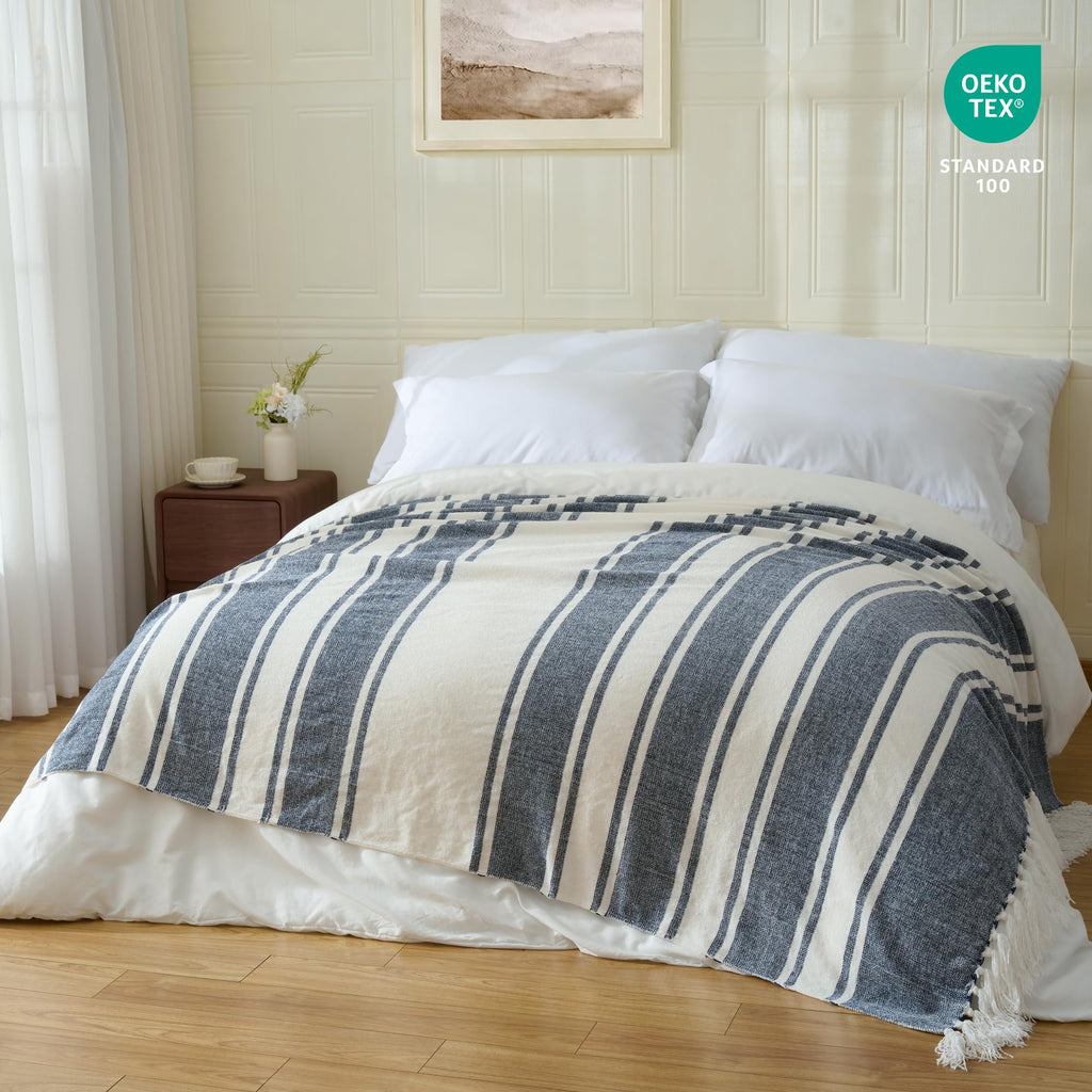 Chenille Throw Blanket with Knotted Tassels 50x60, Blue Stripe