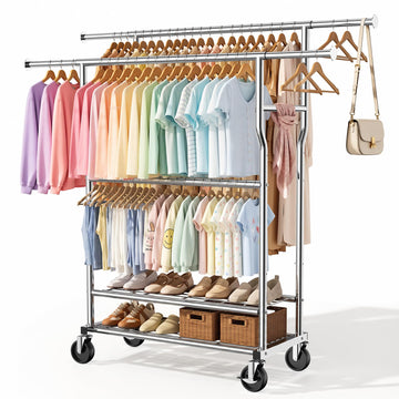 Heavy Duty Clothes Rack Load 960LBS, Adjustable Three Rods Rolling Garment Rack with Double-Layer Bottom Shelf