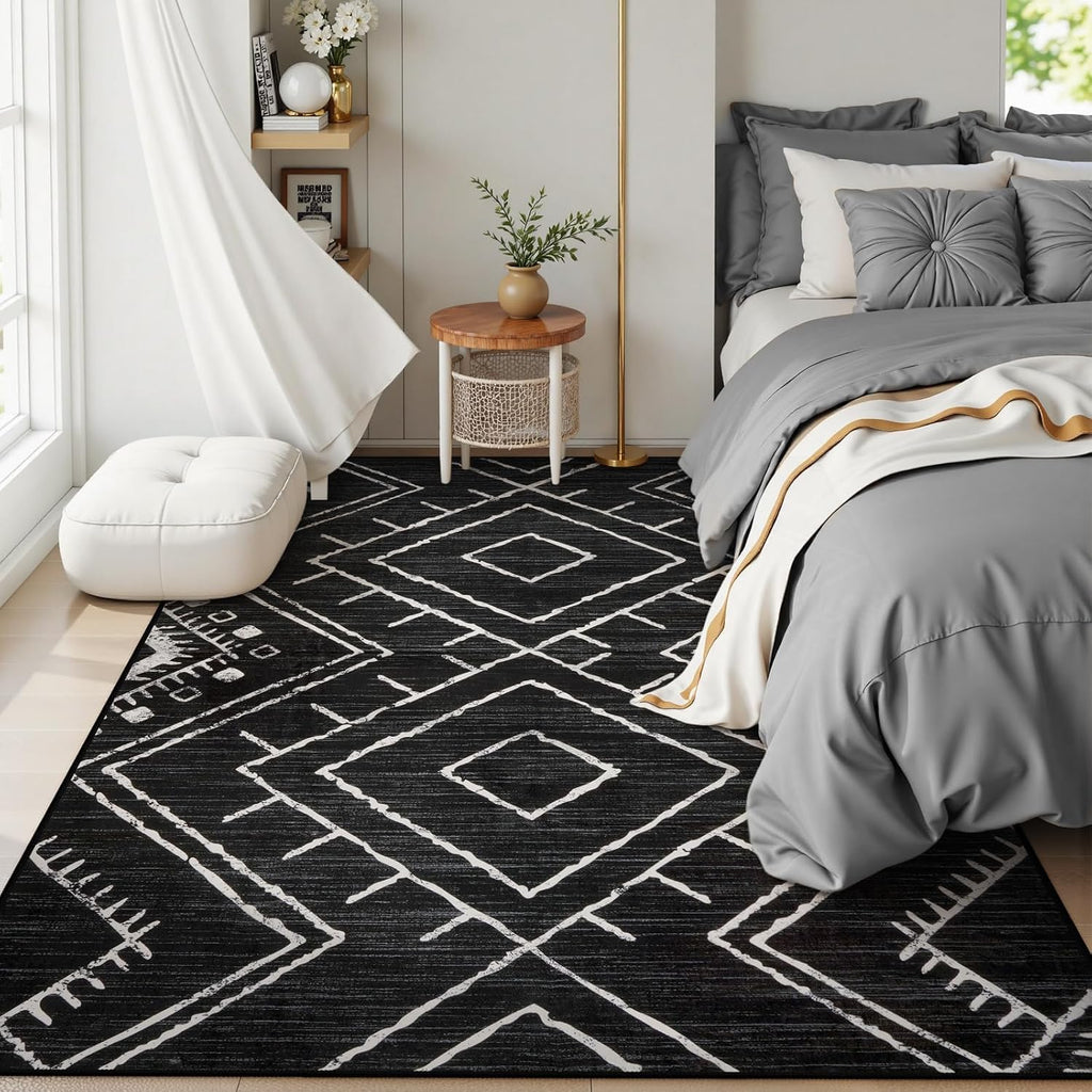 Western 5x7 Area Rug, Black Washable Rugs Bedroom, Non Slip Moroccan Tribal Rug Low Pile Modern Geometric Boho Area