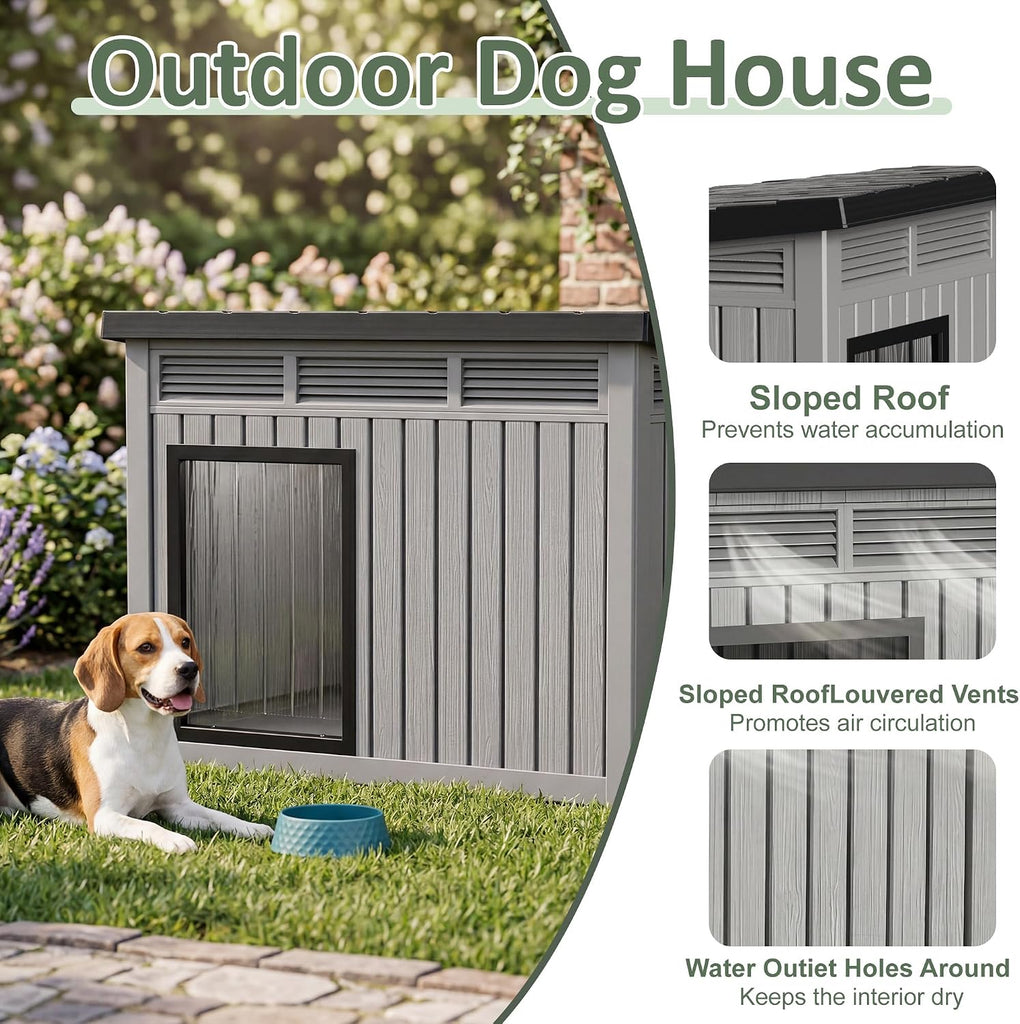 Large Dog House, Weatherproof Resin Large Dog House Outdoor with Sloped Roof & Ventilation, Indoor Outdoor Dog House