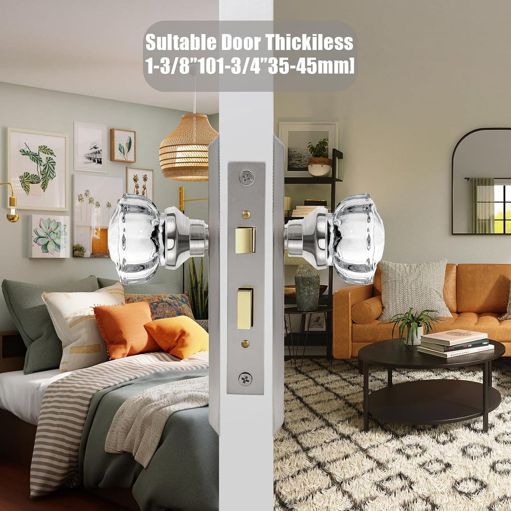 Mortise Lock Set for Interior Door,Antique Door Knobs with Lock and Skeleton Key, Crystal Glass Door Knob