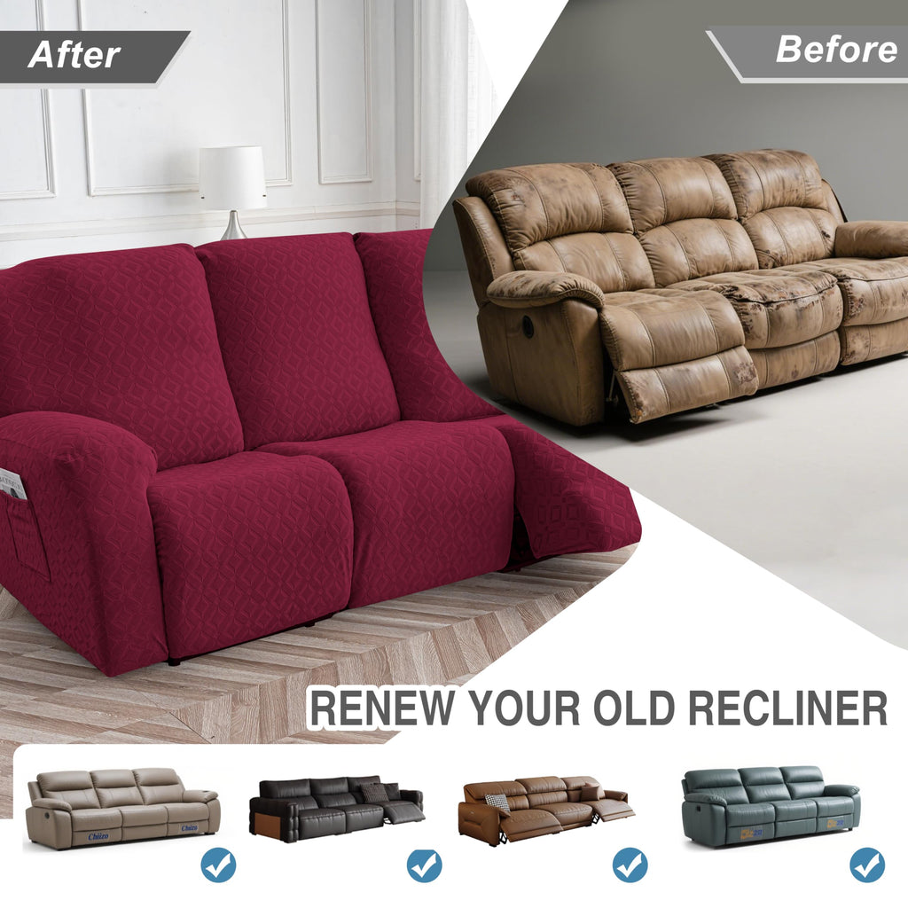 Gennia Waterproof Recliner Sofa Cover, 3 Seat Couch Cover, Wine Red