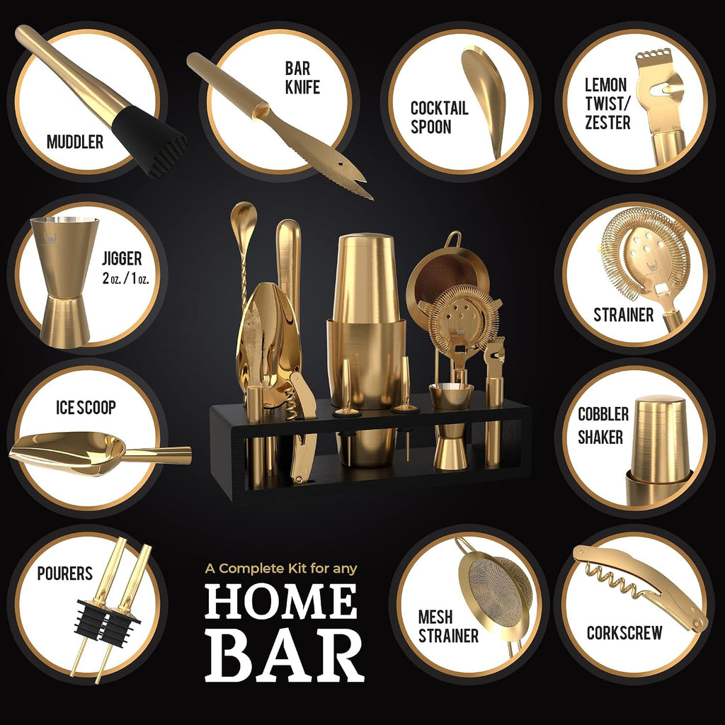 Bartender Kit with Black Bamboo Stand Beautiful Cocktail Shaker Set and Bar Tools Stainless Steel Boston Shaker
