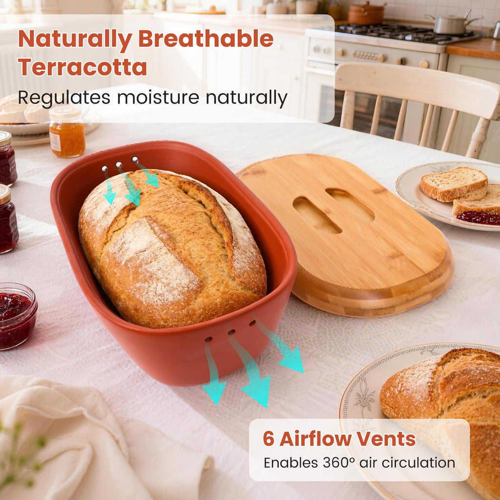 Terracotta Bread Saver Box with Gift Box, Internal 9.8"x5.1"x3.9" Small Bread Bin with Natural Bamboo Lid,Food-Safe