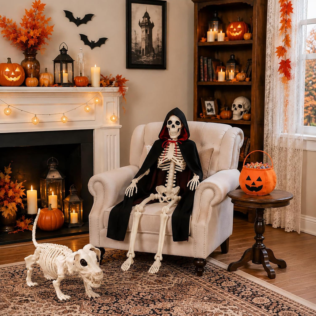 36'' Halloween Skeleton Decoration with Skeleton Dog, Cape and Pumpkin Bag