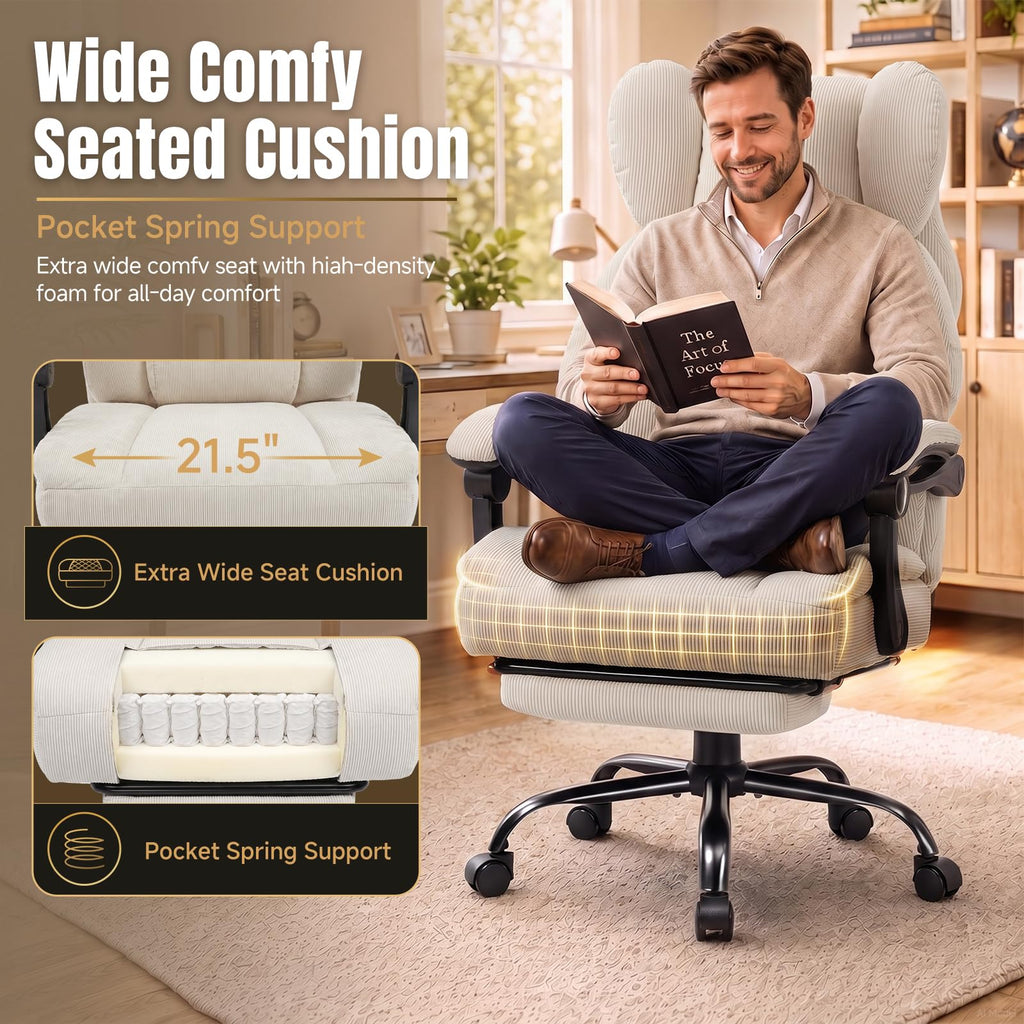 Big&Tall Ergonomic Gaming Chair, Wide Spring Seat, Linkage Armrest, White