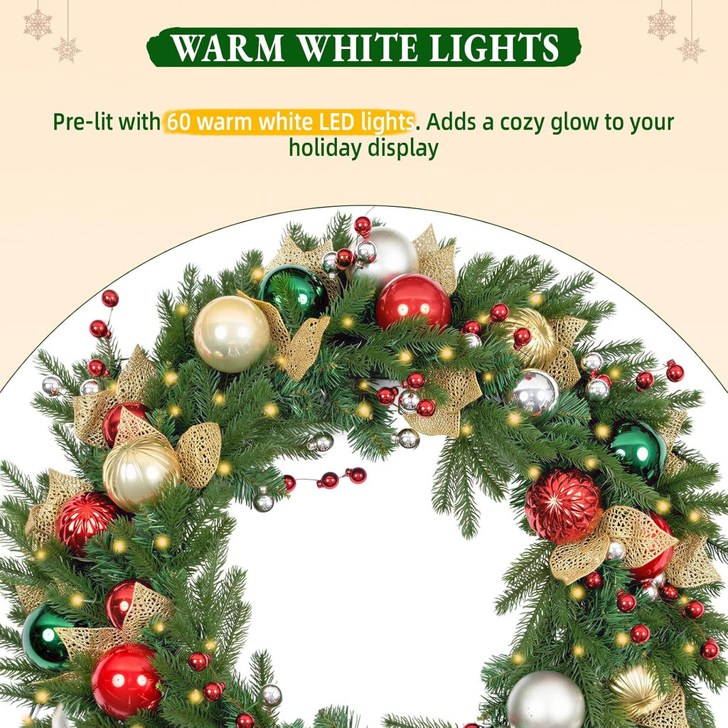 32 Inch Pre-Lit Christmas Wreath with 60 Warm White LED Lights and Timer, Battery Operated Artificial PE & PVC Wreath