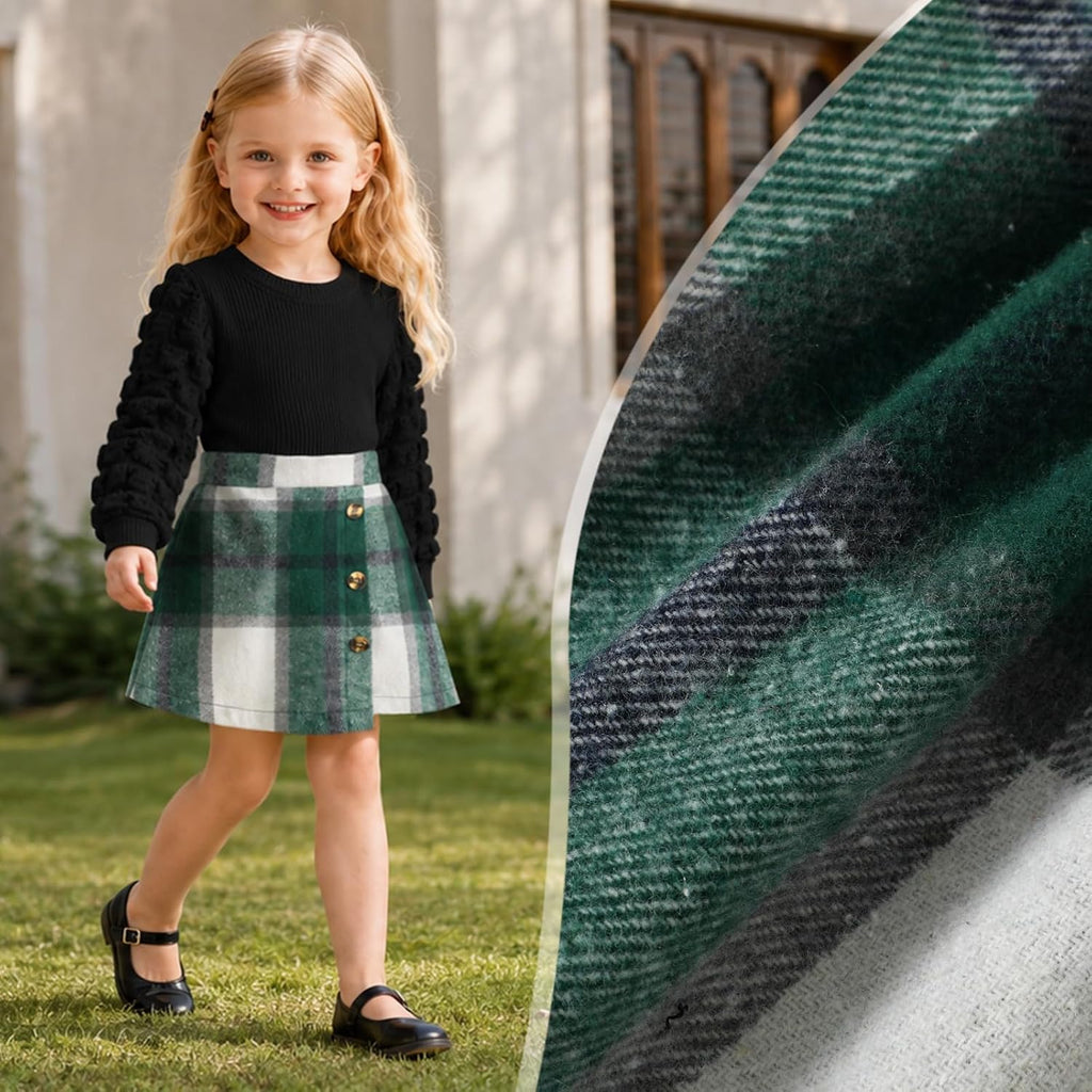 Toddler Girl Plaid Outfits Ribbed Knit Top and Skirt Set