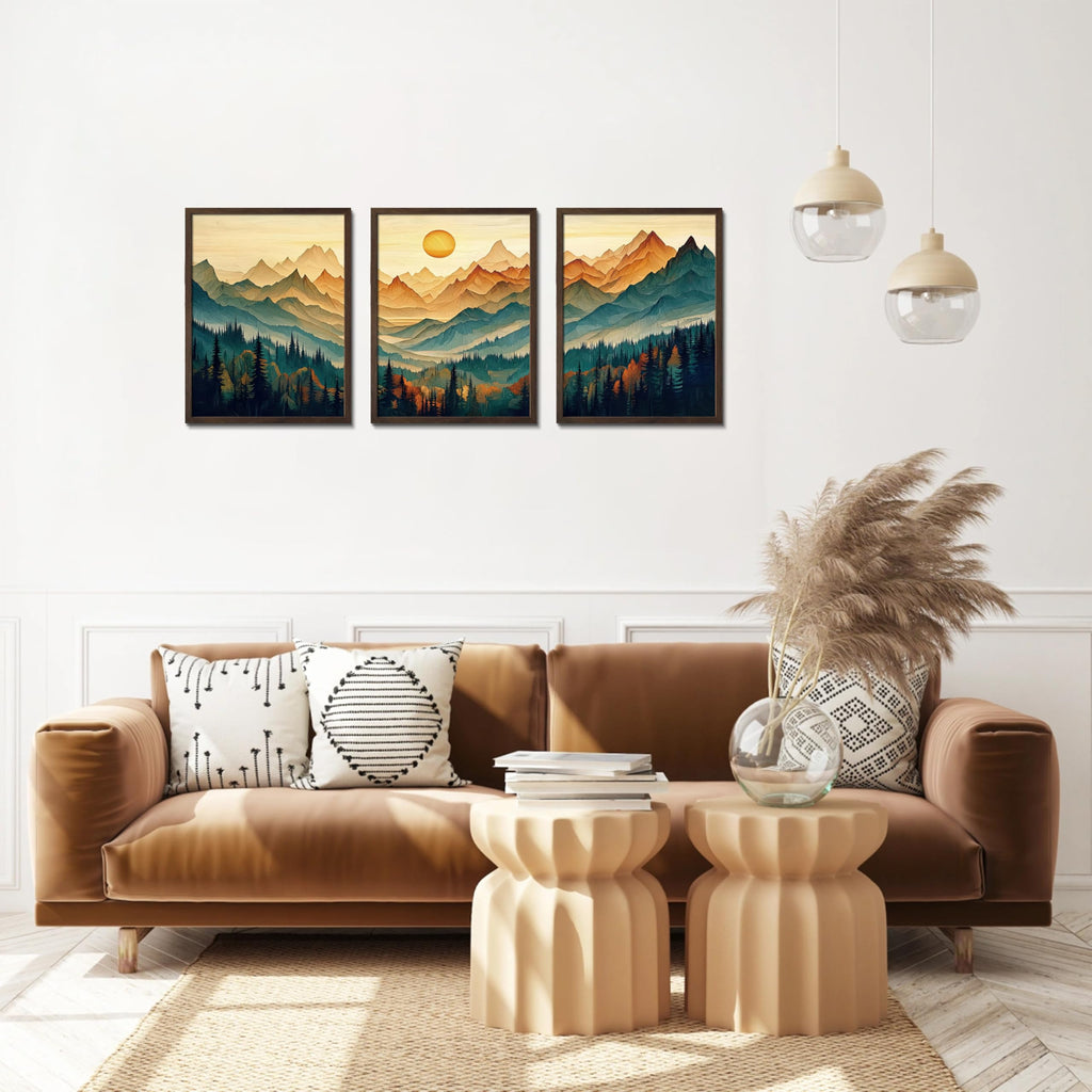 Mountain Wall Art Set of 3, Landscape Wall Decor, Teal Orange Forest Canvas Prints, Wood Framed Sunlit Peaks Picture