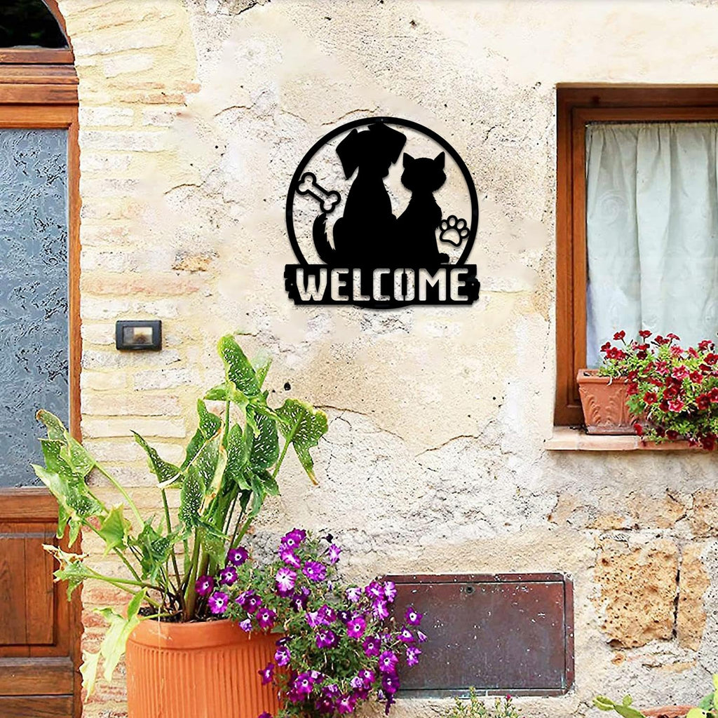 Cat and Dog Welcome Metal Sign for front door Pet Lover Metal Decoration Large 12 inch Thick metal Wall Hanging Decor