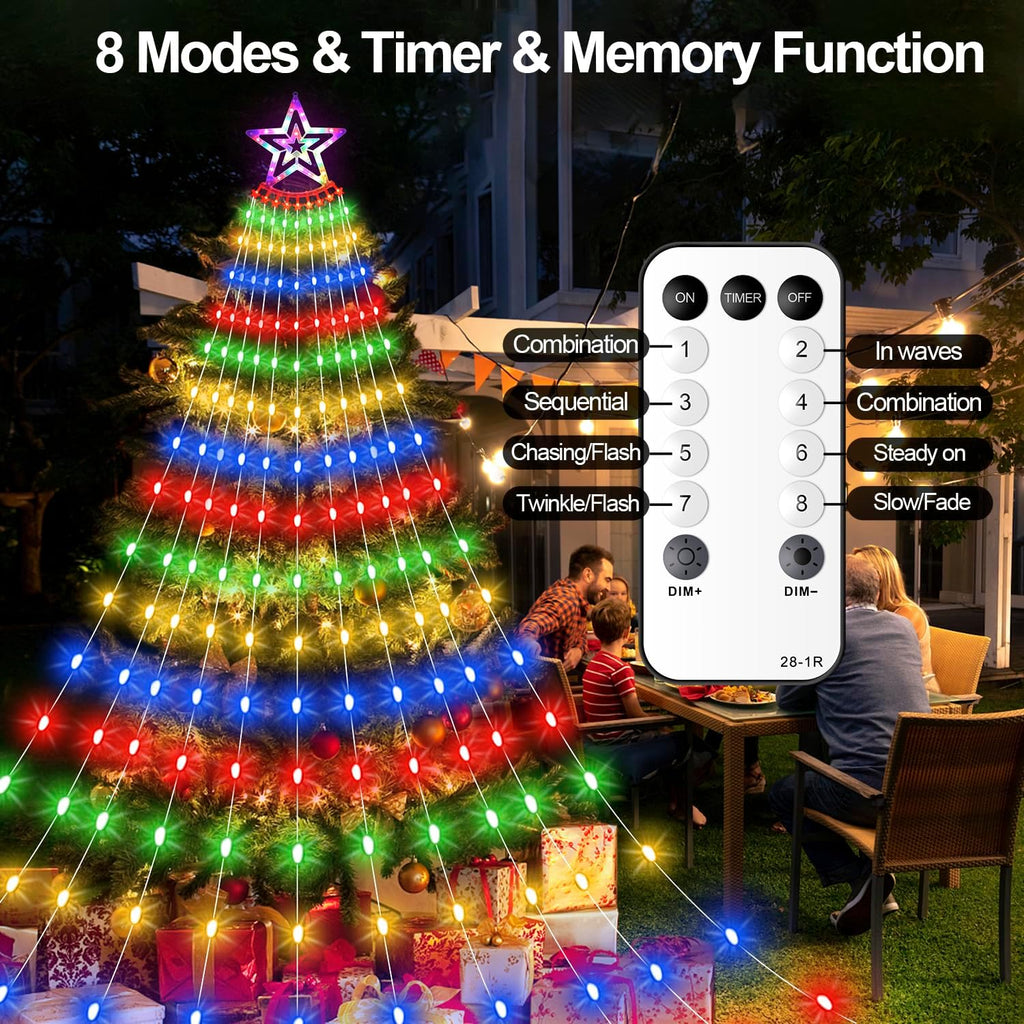 Christmas Star Waterfall Tree Lights - 23ft 11 Strand 818 LED Outdoor Decorations With 8 Modes Timer Remote - Plug-in