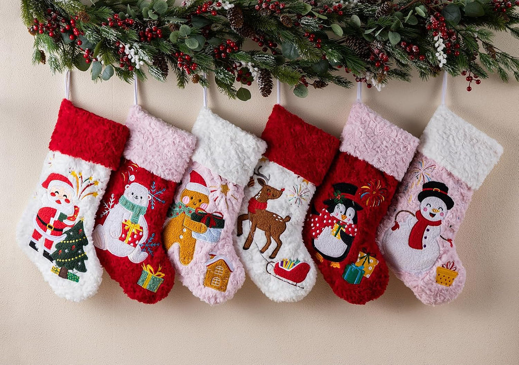 Christmas Stockings 6 Pack,Plush Faux Fur Xmas Stockings with Embroidery Patterns,Fireplace Hanging Stockings