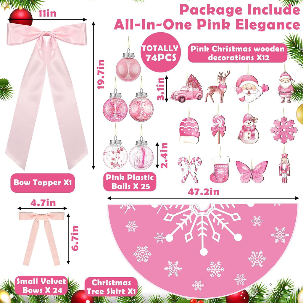 74 Pcs Pink Christmas Tree Ornaments Set