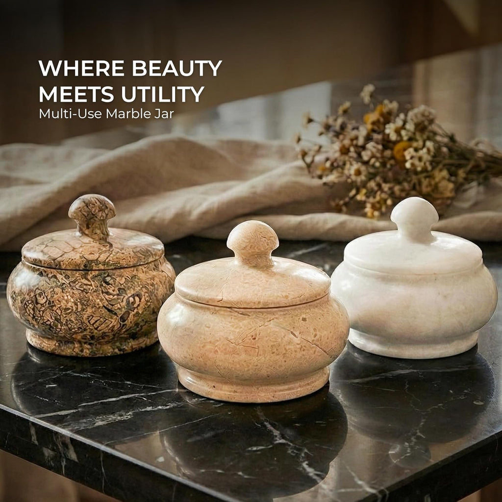 Natural Decorative Marble Jar with Lid - 3 Inch Polished Marble Salt Cellar & Spice Jar - Small Jewelry Box &