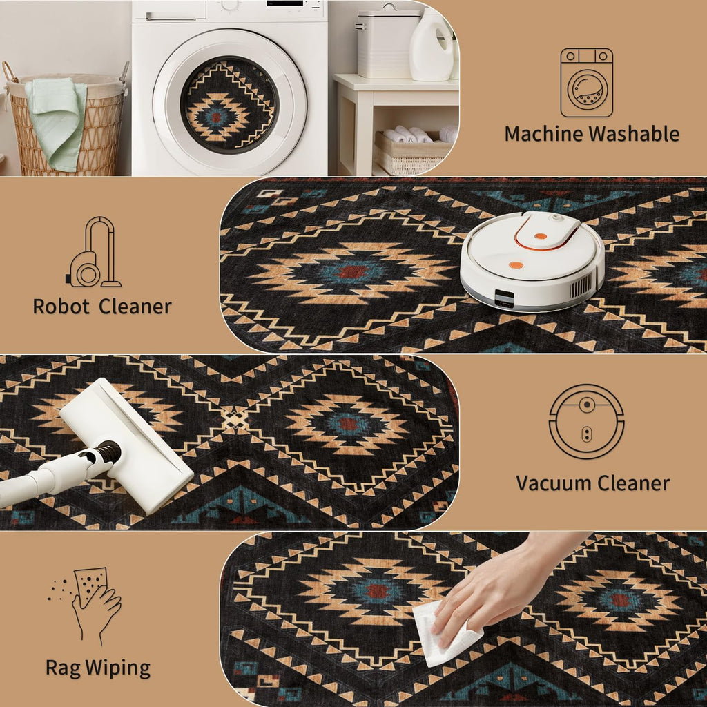 Western Rugs, Machine Washable Soft Non-Slip Aztec Area Rug, Low-Pile Southwest Non-Shedding Foldable Dining