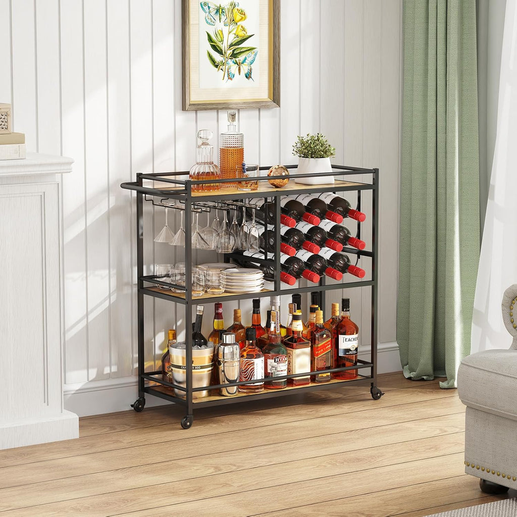 3 Tier Rolling Serving Bar Cart with Lockable Wheels, Rustic Brown | 12 wine rack and 3 rows glass holders, liquor