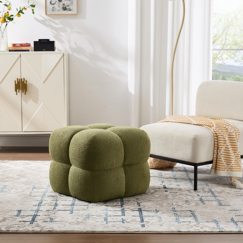 Olive Green‌ Modern Ottoman, 21" Square Fuzzy Couch Sherpa Pouf Ottoman, Tufted Cute Boucle Fabric Foot Stools