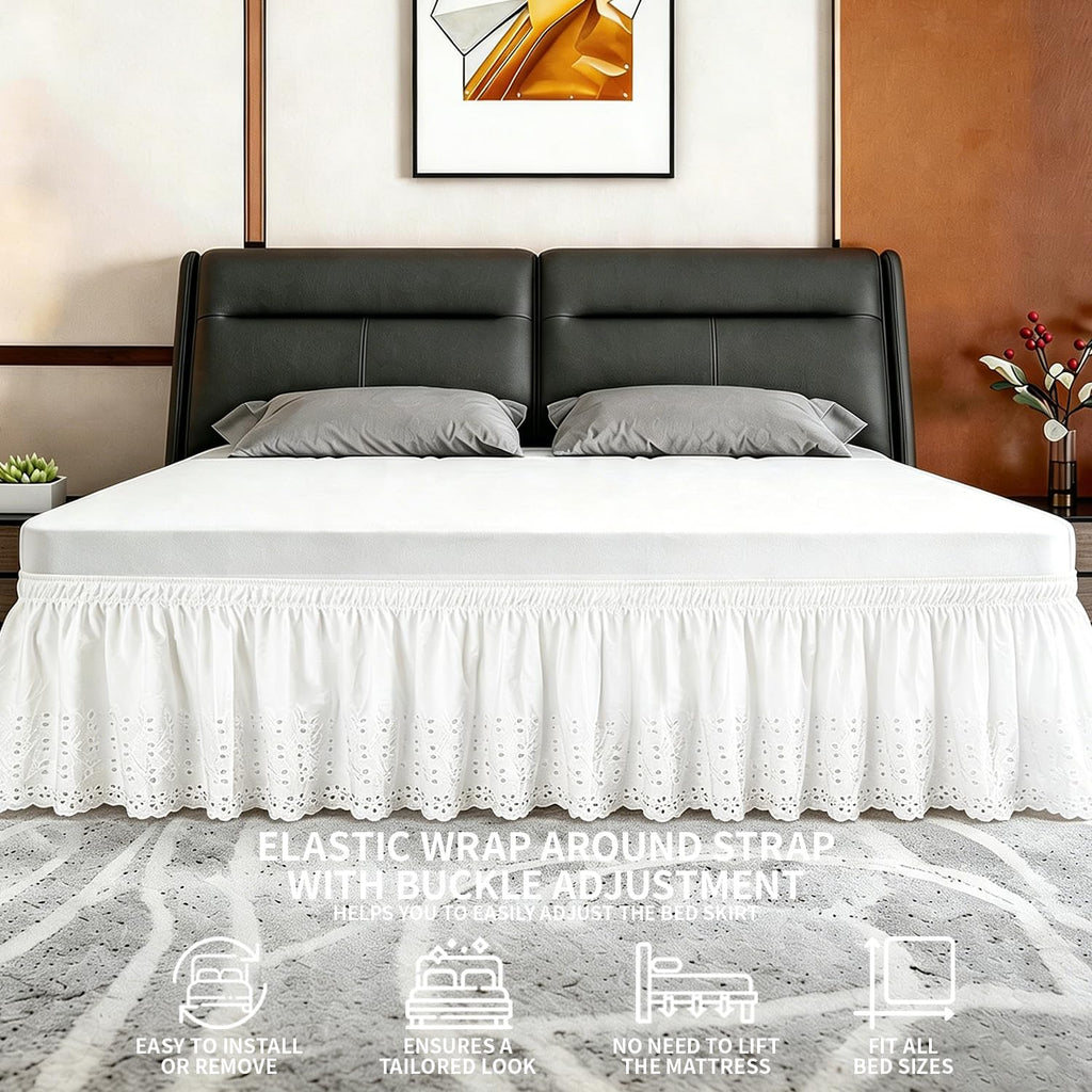 King Bed Skirt, Wrap-Around Elastic Ruffled Eyelet Bed Skirt King Size Dust Ruffle with Gathered Styling and