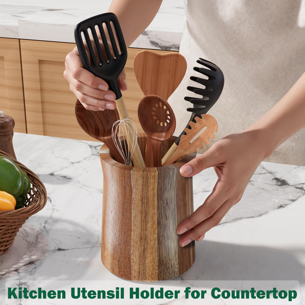 Utensil Holder, Acacia Wood Utensil Holder Counter, 360° Rotating Cooking Utensil Crocks for Countertop, 7.2" Large
