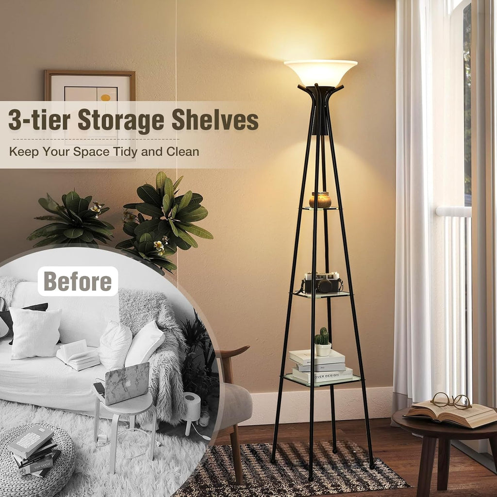 Floor Lamp with Shelves, 69” Tall Torchiere Floor Lamps, 3-Tier Glass Shelf Lamp