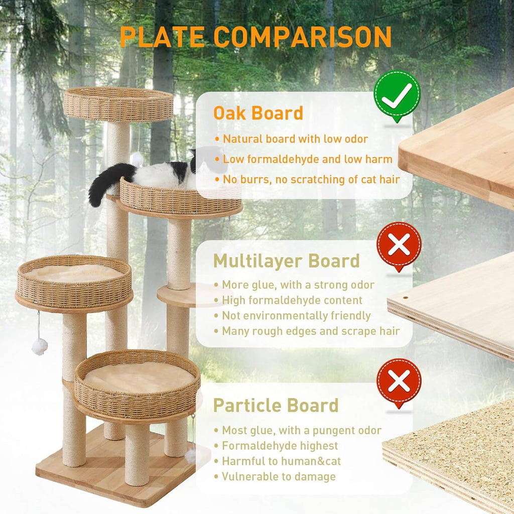 54in Solid Wood Cat Tree for Indoor Cats, Modern Tall Cat Tower