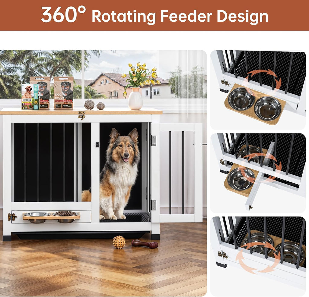 31.5" Dog Crate Furniture with Detachable Tray & 360° Rotating Feeder