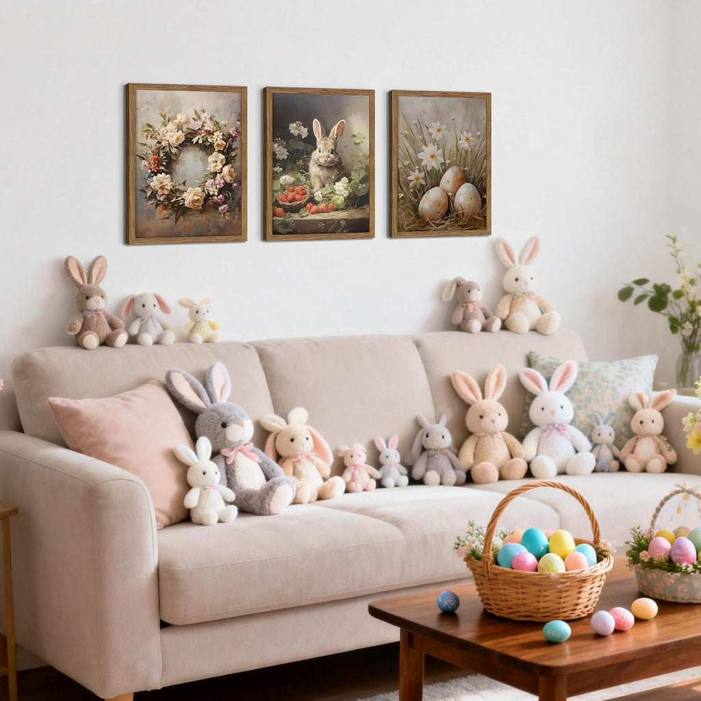 Vintage Easter Bunny Wall Art, Spring Easter Eggs Wreath Canvas Wall Decor Painting, Retro Rustic Farmhouse - Set of 3