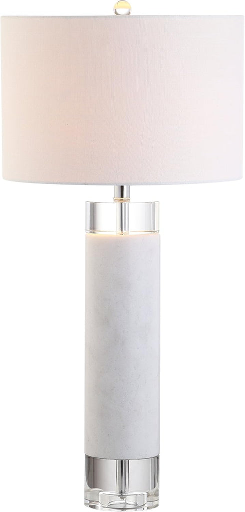 32" White Marble and Crystal LED Table Lamp, Modern Contemporary Cylindrical Column Bedside Lamp Bed