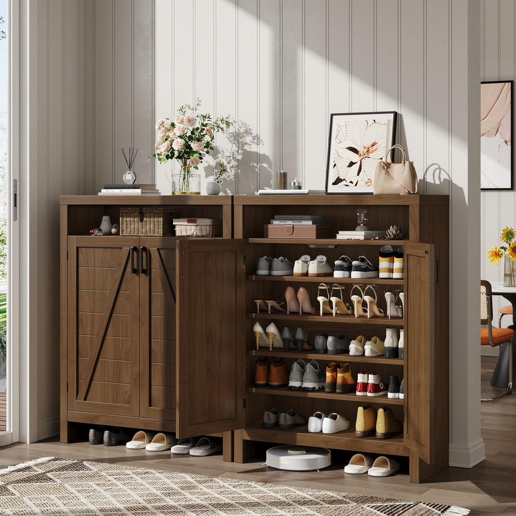 6-Tier Shoe Cabinet with Door, Farmhouse Shoe Storage Cabinet, Walnut