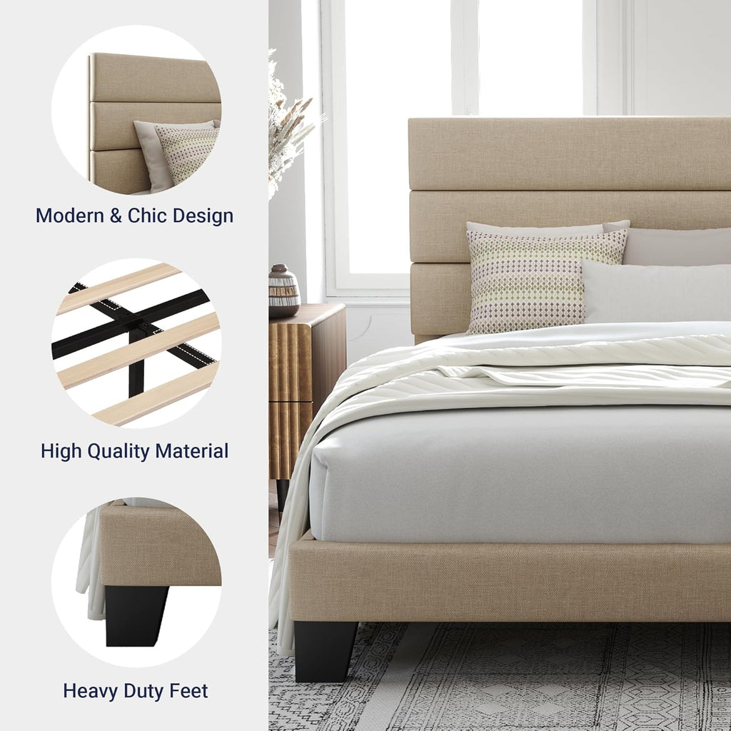 King Platform Bed Frame with Fabric Upholstered Headboard and Wooden Slats Support