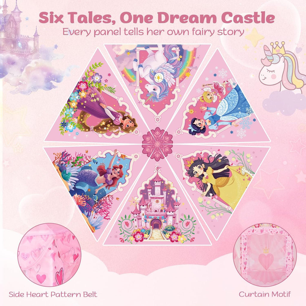 Hexagon Princess Play Tent for Girls, Large Indoor Castle Playhouse with Carrying Bag, Dreamy Reading Nook