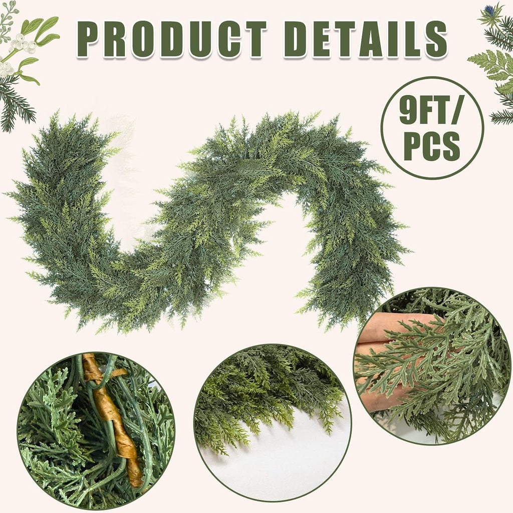 Feet Christmas Cedar Garland - Thick & Lush Realistic Artificial Green Faux Cedar Pine Needles Garland - Set of 2