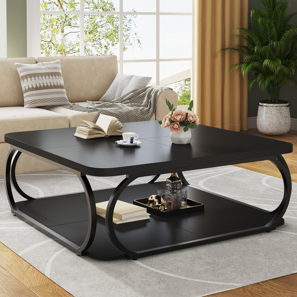 Square Coffee Table with Open Storage Shelf, 39 Inch Large Wood Center Table 2 Tier Low Coffee Tables Farmhouse Tea