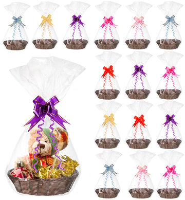 16 Pcs Plastic Oval Basket for Gifts Empty, Small Bread Basket Food Storage Baskets with Clear Gift Bags and Colorful