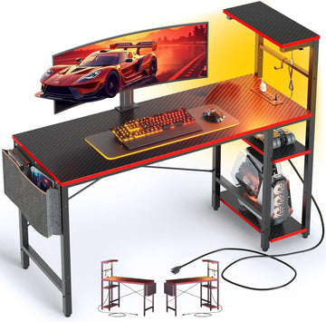 Gaming Desk with Power Outlets, 44 Inch Led Gamer Desk with 4 Tiers Reversible Shelves, PC Gaming Table with Headset