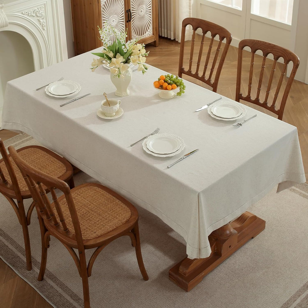 Linen Blend Handmade Hemstitched Tablecloth for Dinner Table, Parties, Wedding Decorations (55" x 86