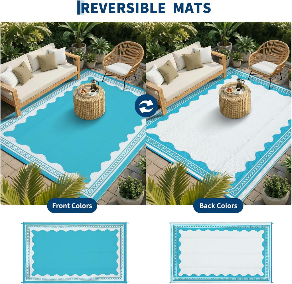 Outdoor Rug 8x10 Scalloped Waterproof Patio RV Outdoor Rugs Reversible Foldable Plastic Straw Rug Modern Camping