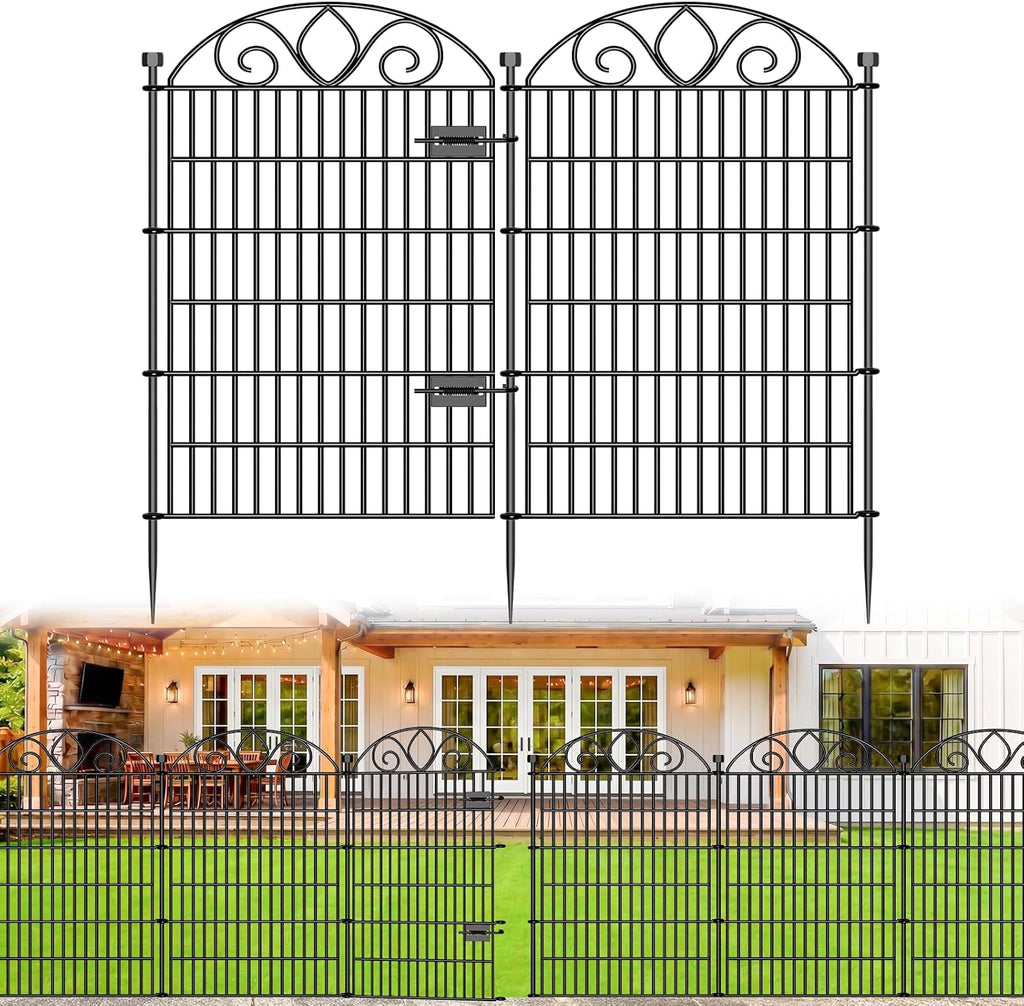 10 Panels No Dig Tall Garden Fence with Gate - 44" H X 23.6' L Rustproof Metal Dog Fence Outdoor for Yard, Decorative