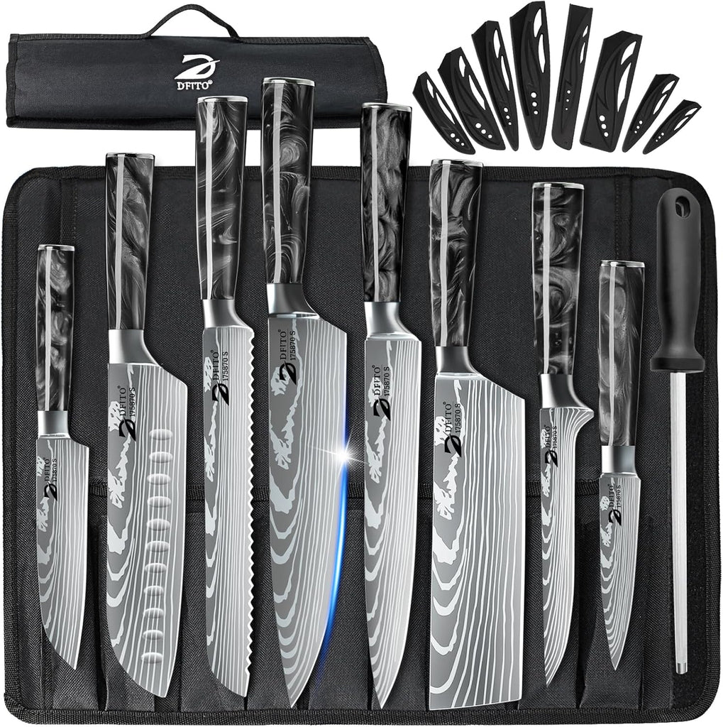 Chef Knife Sets with Roll Bag, 9 Pieces Professional Knife Set | High Carbon Stainless Steel Kitchen Knife Set with