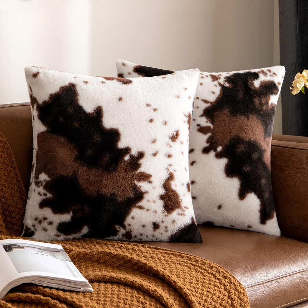 Pack of 2 Luxury Faux Fur Throw Pillow Covers Cowhide Decorative Soft Fluffy Plush Couch Throws Brindle Cushion Covers