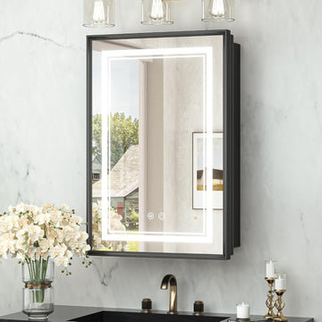 16x24 Inch LED Medicine Cabinet Black Frame, Medicine Cabinet with Lights, 3-Color Lighted Medicine Cabinet Mirror