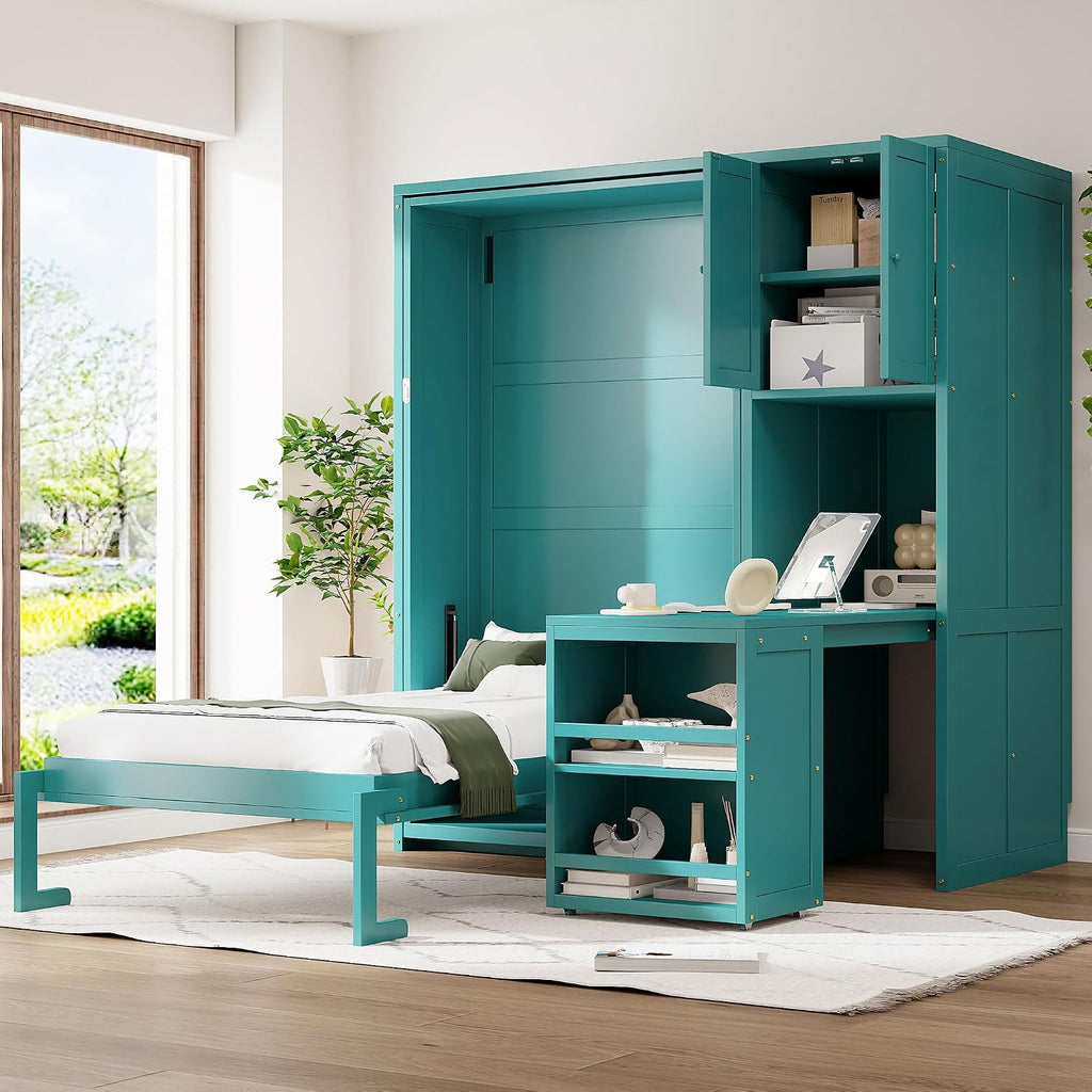 Twin Rotating Wall Murphy Beds, Wood Folding Murphy Wall Bed with Bookshelf, Top Cabinet, Extendable Desk & Side